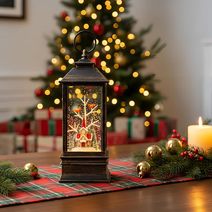 10'' Christmas Snow Globe Lantern Lighted Christmas Village Church Scene Musical Water Lantern with Swirling Glittering Home Decoration and Gift, Battery Operated or USB Powered