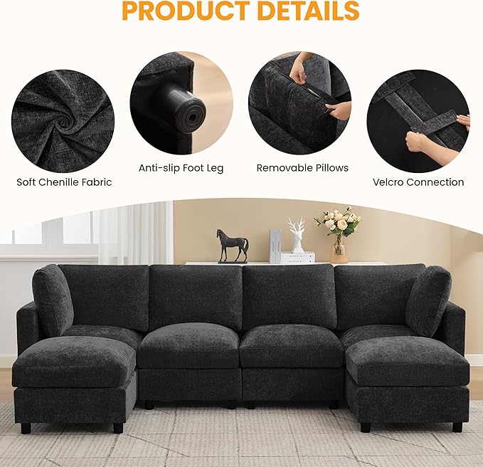 116'' 4-Seater Modular Sectional Cloud Sofa with 2 Ottomans, U-Shaped Couch for Living Room, Modern Deep Seat Sofa with Soft Back Cushions, Chenille Dark Grey