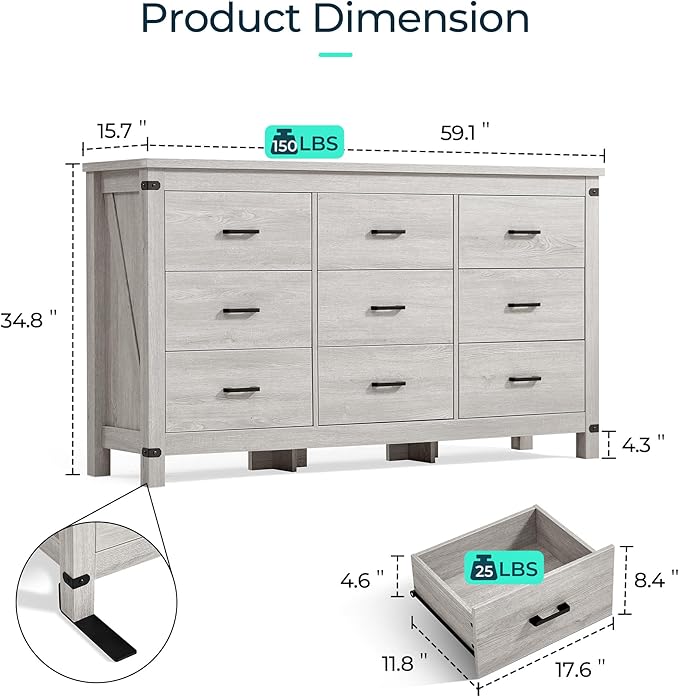 LINSY HOME Dresser for Bedroom with 9 Drawers, 59” Wide Chest with Deep Drawer, Modern Farmhouse Dresser TV Stand with Metal Handles, Wood Storage Cabinet for Closet, Living Room, Hallway, Wash Grey