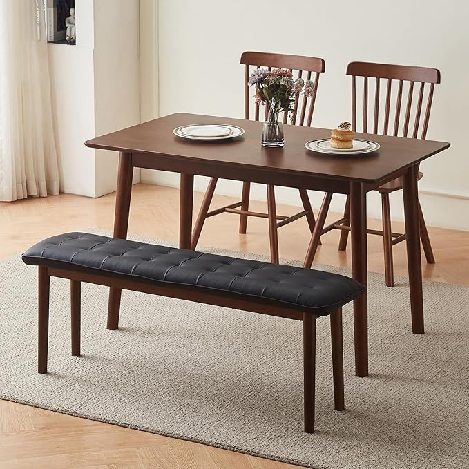 47'' Solid Wood Dining Bench with Cushion, Faux Leather Upholstered Bench for Dining Room Table, Kitchen, Entryway, or Bedroom End of Bed, Black