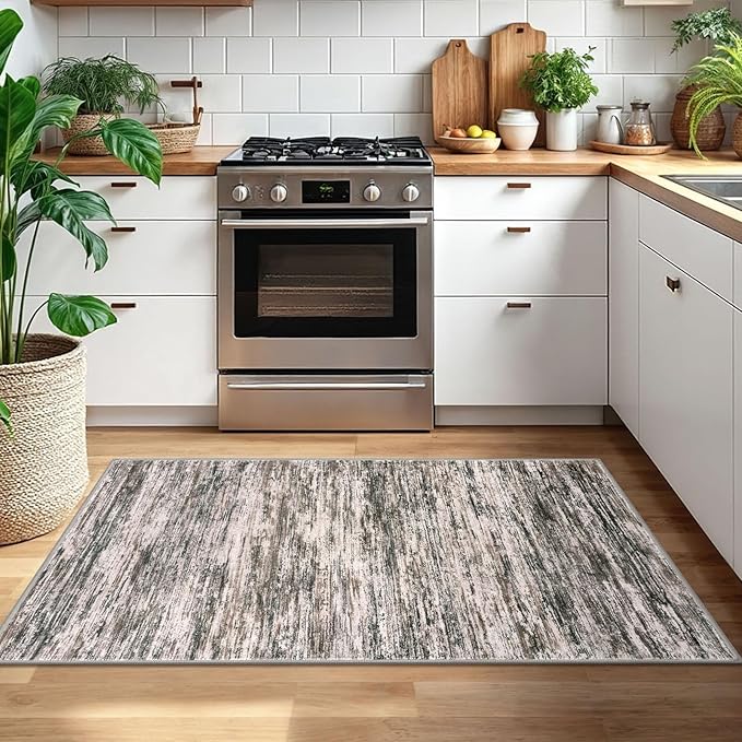 3x5 Modern Abstract Area Rug for Entryway, Brown Green Black White Super Soft Washable Rug with Non-Slip, Low-Pile Door Mat Indoor for Living Room Bedroom, Carpet with Non-Shedding