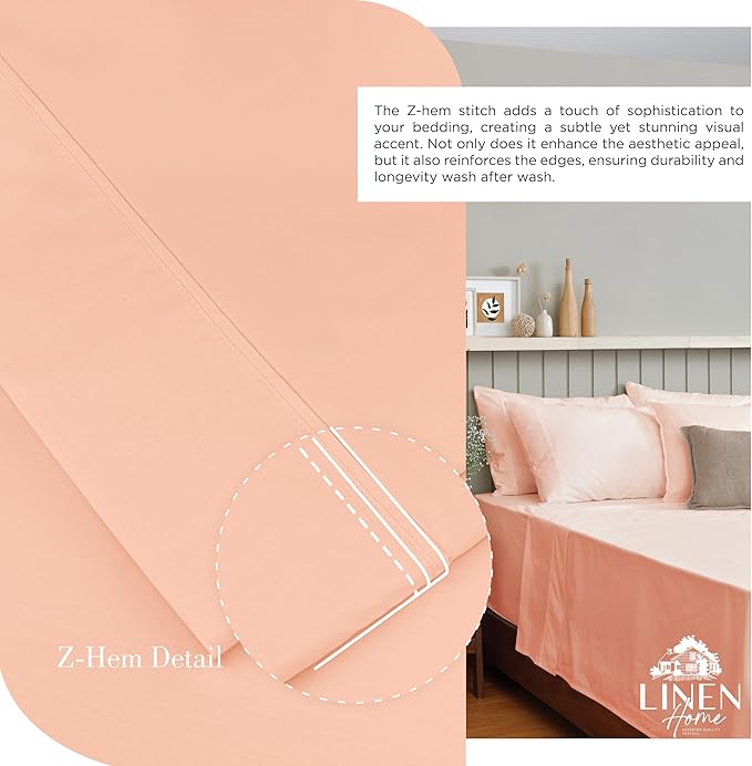 Linen Home 100% Cotton Percale Sheets Twin XL Size, Tropical Peach, Deep Pocket, 3 Pieces Set - 1 Flat, 1 Deep Pocket Fitted Sheet and 1 Pillowcase, Crisp Cool and Strong Bed Linen