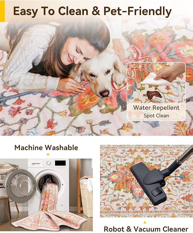 Area Rugs 6'x9' Washable Non-Slip, Floral Vintage Distress Print Pattern Medallion Carpet for Living Room Bedroom Dining Room, Light Pink Colorful