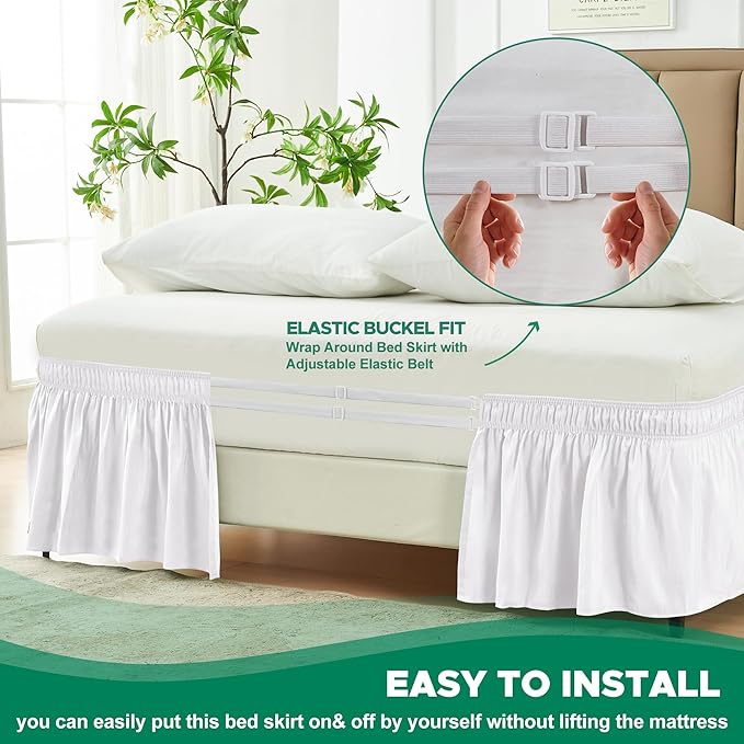 Biscaynebay Wrap Around Bed Skirts for Full & Full XL Beds with Long Drop of 18", White Adjustable Elastic Dust Ruffles Easy Fit Wrinkle and Fade Resistant Silky Luxurious Fabric Machine Washable