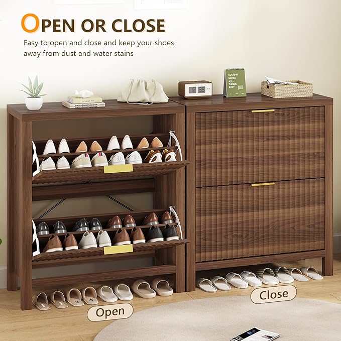 Shoe Cabinet Storage for Entryway, Fluted Shoe Cabinet with 2 Flip Drawers, Hidden Shoe Rack Tall Freestanding Shoe Organizer with Legs for Hallway, Walnut