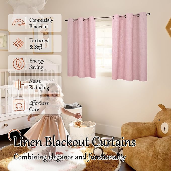 Baby Pink Linen Blackout Curtains for Nursery 45 Inch Length 2 Panels, Short Thermal Insulated Boho Total Black Out Noise Reducing Small Window Curtains for Girls Bedroom, Each 38 Inch Wide