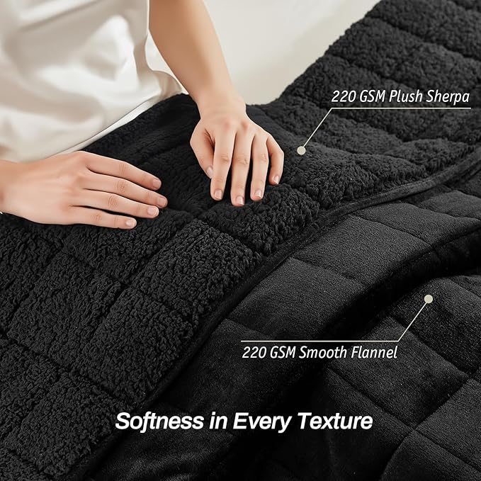 Sherpa Fleece Adult Weighted Blanket, 15 Pounds Dual Sided Soft Plush Blanket for Couch Bed Sofa, Heavy Thick Blankets with Glass Beads Great for Sleep, 60 x 80 inches, Black on Both Sides