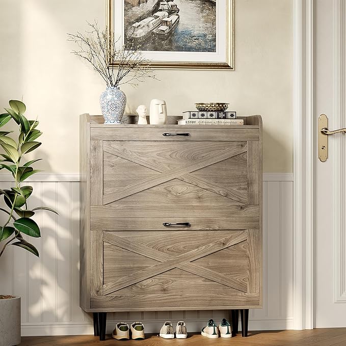 VINGLI Shoe Storage Cabinet for Entryway with 2 Flip Drawers, Ultra Slim Freestanding Entryway Shoe Organizer with Wood Tapered Legs,Hidden Closed Shoe Rack,31.6" W * 9.4" D * 39.4" H, Grey Oak