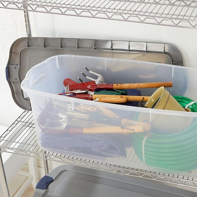 Rubbermaid Roughneck Clear 95 Qt/23.75 Gal Storage Containers, Pack of 4 with Latching Grey Lids, Visible Base, Sturdy and Stackable, Great for Storage and Organization