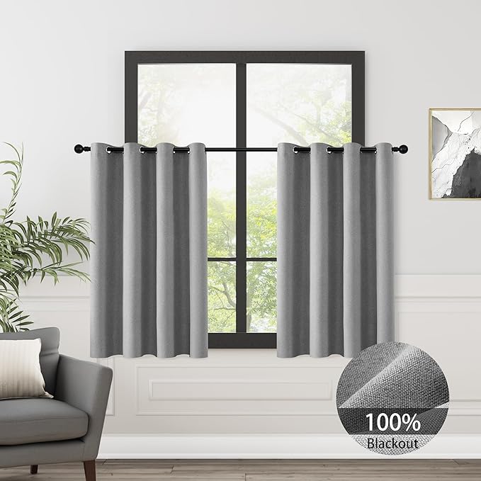 ChrisDowa 100% Blackout Grey Solid Curtains 45 Inches Long 2 Panels for Bedroom Living Room,Farmhouse Room Darkening Thermal Insulated Soundproof Grommet Top Window Treatment Drapes,52x45