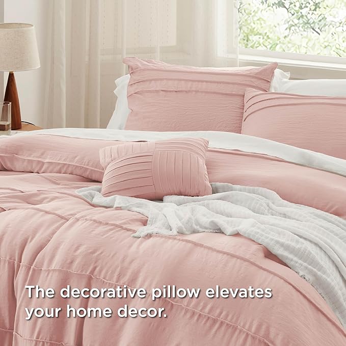 Bedsure Full Comforter Set - 4 Pieces Pinch Pleat Bed Set, Light Pink Boho Bedding for All Season, 1 Soft Comforter, 2 Pillowcases, 1 Decorative Pillow