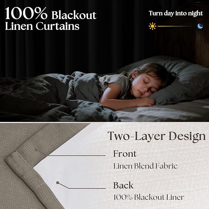 Dark Flax 100 Inch Blackout Pinch Pleated Curtains 2 Panel Set for Living Room Darkening Thick Linen Textured 100% Black Out Drapes 100 Inches Long Pinch Pleat Light Blocking Bedroom Taupe Gray