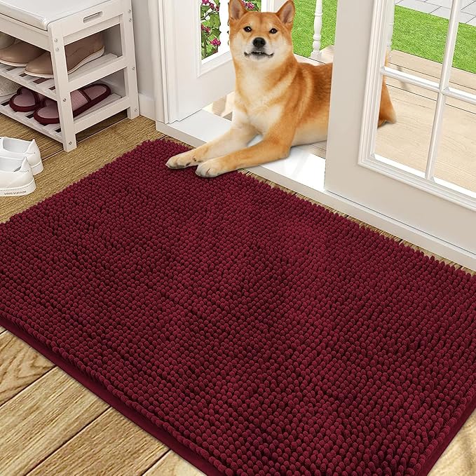 OLANLY Dog Door Mat for Muddy Paws 48x30, Absorbs Moisture and Dirt, Absorbent Non-Slip Washable Doormat, Quick Dry Chenille Mud Mat for Dogs, Entry Indoor Entryway Carpet for Inside Floor, Burgundy