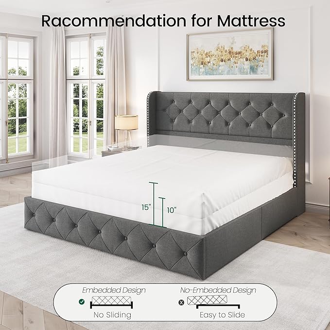LARMACE Queen Size Platform Bed Frame with 4 Storage Drawers and Tufted Headboard Linen Upholstered Bed Wingback Bed Frame with Wooden Slats Support, Easy Assembly, Light Grey