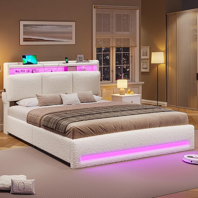 VIAGDO Full Size Bed Frame with Storage Headboard and Charging Station, Boucle Upholstered Bed Frame Full Size with 4 Drawers and LED Lights, Type C and USB, No Box Spring Needed, Cream White