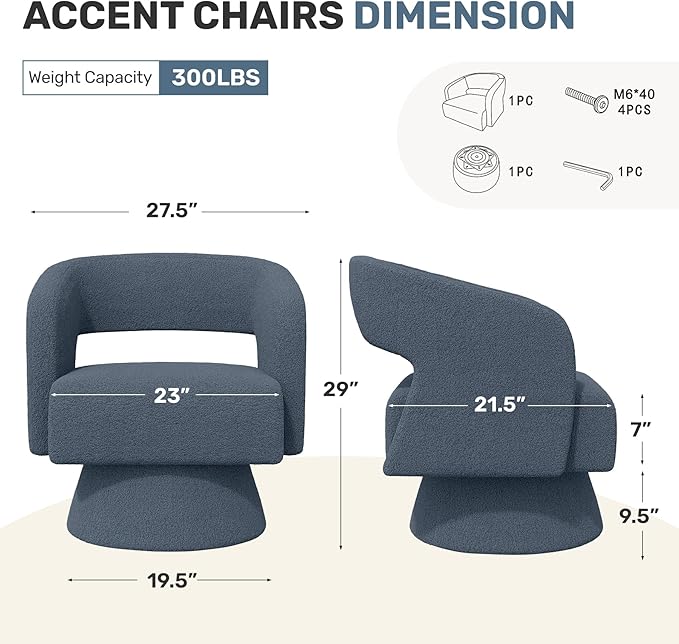 Swivel Accent Chair Set of 2, Modern Comfy Teddy Barrel Chairs, Oversized Upholstered Round Arm Chair for Living Room, Bedroom, Reading Room, Blue