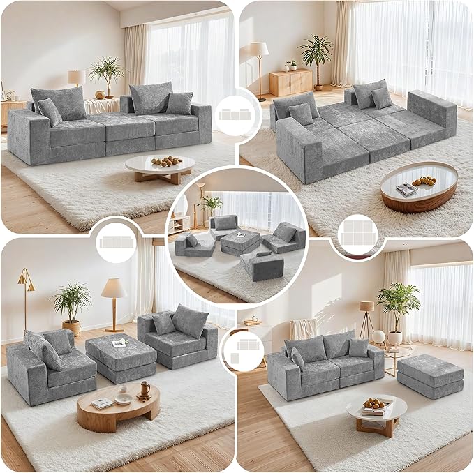 Boneless Sectional Loveseat Couch with Ottoman, Convertible Modular Floor Sleeper Sofa Bed, Comfy Foldable Compression Love Seat Sofa for Living Room, No Assembly, Light Grey