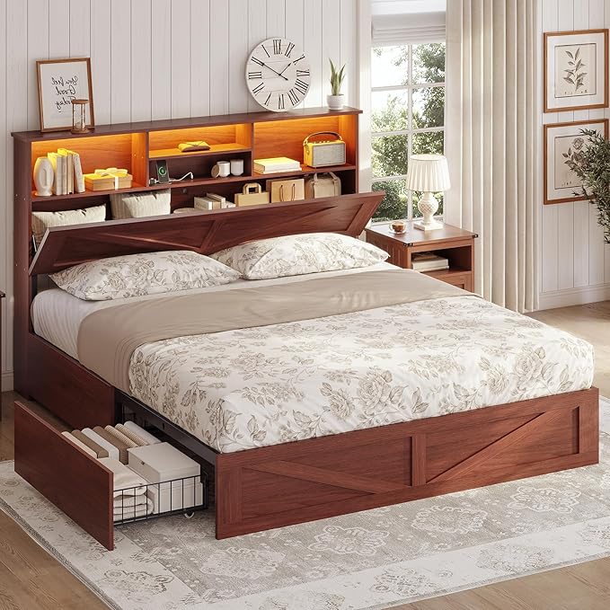 AOGLLATI Farmhouse Queen Bed Frame with 4 Storage Drawers and Led Lights, Wooden Bed Frame Queen Size with Hidden Space Bookcase Headboard and Led Lights & Metal Slats, Mahogany