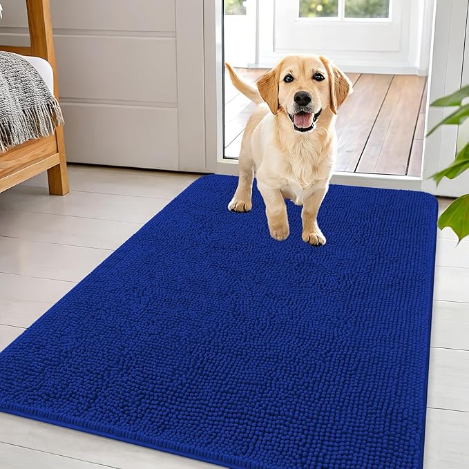 OLANLY Dog Door Mat for Muddy Paws 44x32, Absorbs Moisture and Dirt, Absorbent Non-Slip Washable Doormat, Quick Dry Chenille Mud Mat for Dogs, Entry Indoor Entryway Carpet for Inside Floor, Royal Blue
