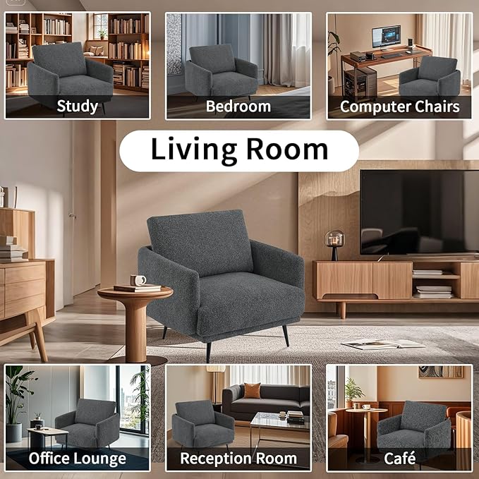 Oversized Accent Chair for Living Room Cozy Reading Chairs Mid-Century Modern Accent Chairs Armchair with Metal Legs Single Sofa Chair for Home Office (1-PCS, Chenille Fabric- Dark Grey)