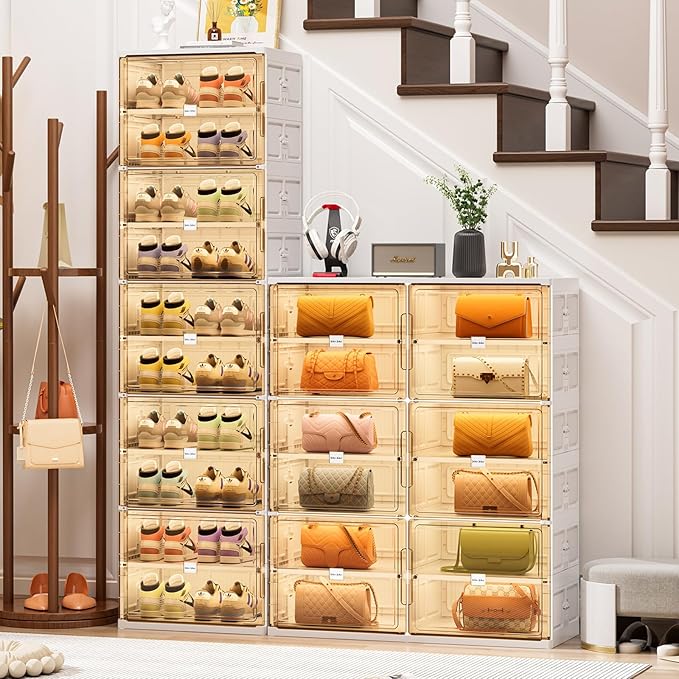 JEKO&JEKO 8 Tiers Foldable Shoe Rack Organizer Cabinet for Closet Entryway, Large Collapsible Shoe Storage Box with Magnetic Doors (White)