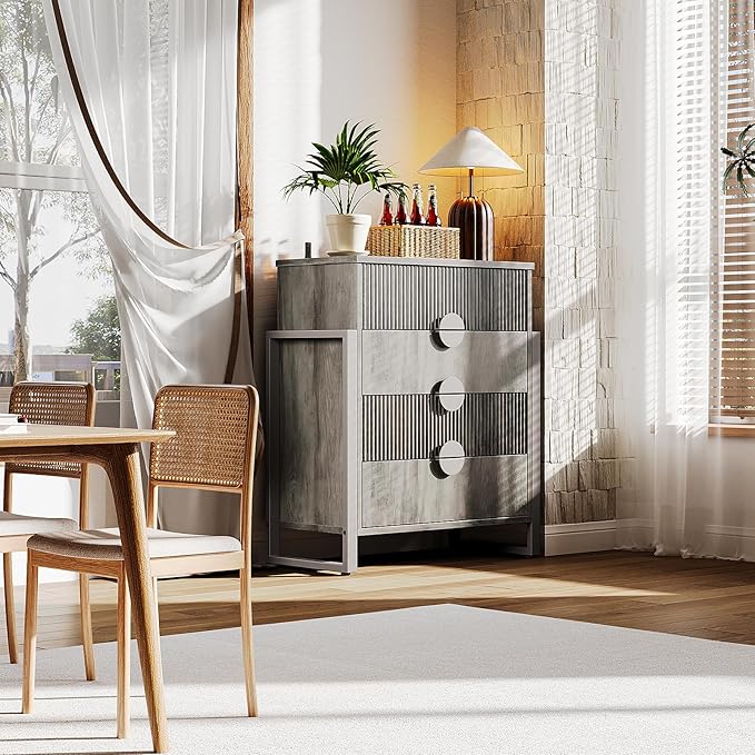 LGHM Fluted Dresser for Bedroom with 4 Drawers, Modern 4 Drawers Dressers with Semicylinder Fluted, Solid Chest of Drawers, 36" Tall Dresser with Bold Steel Frame, Metal Handles, Gray