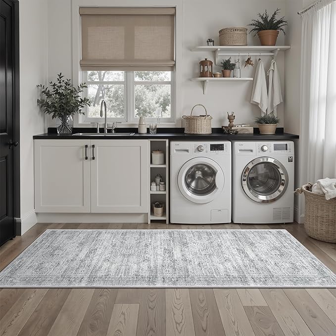 Runner Rug 2'x6' Washable Non-Slip Runner Rugs for Kitchen Bathroom Laundry Room Grey Vintage Floor Carpet Runners for Hallway Entryway