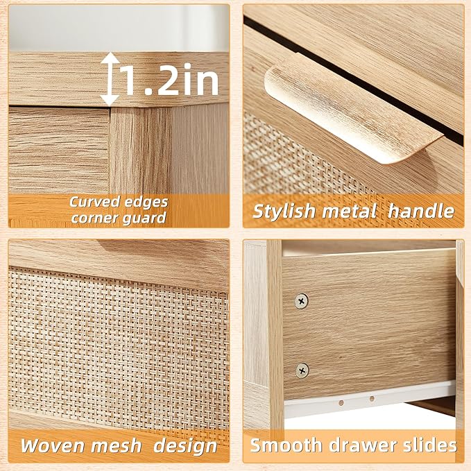 LEYAOYAO Narrow Side Table Set 2, 24x14'' Rattan Night Stand with Charging Station Drawer Storage,Natural Wood Bedside End Table for Small Spaces,Boho Nightstand for Living Room Bedroom