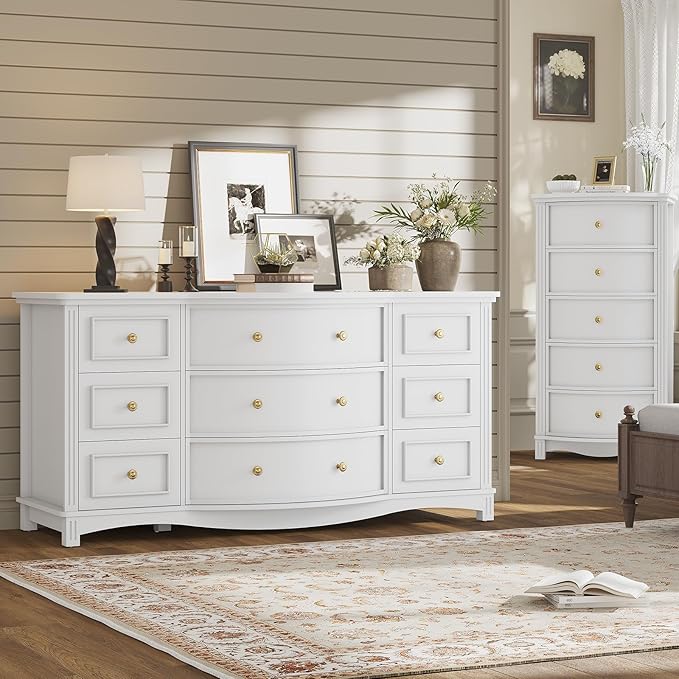 9-Drawer Chest, Wide Dresser with 3 Large Arc Fronts,Roman Column Decor, Spacious Bedroom Storage Furniture, 55 Inch Long (White, 9 Drawer)