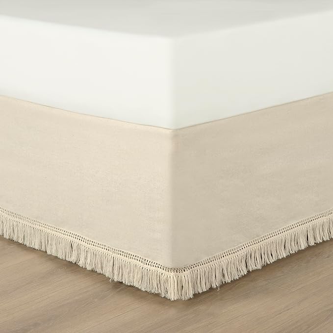 Lush Decor Boho Fringe 15-Inch Tailored Drop Easy Fit Bedskirt, King, Neutral