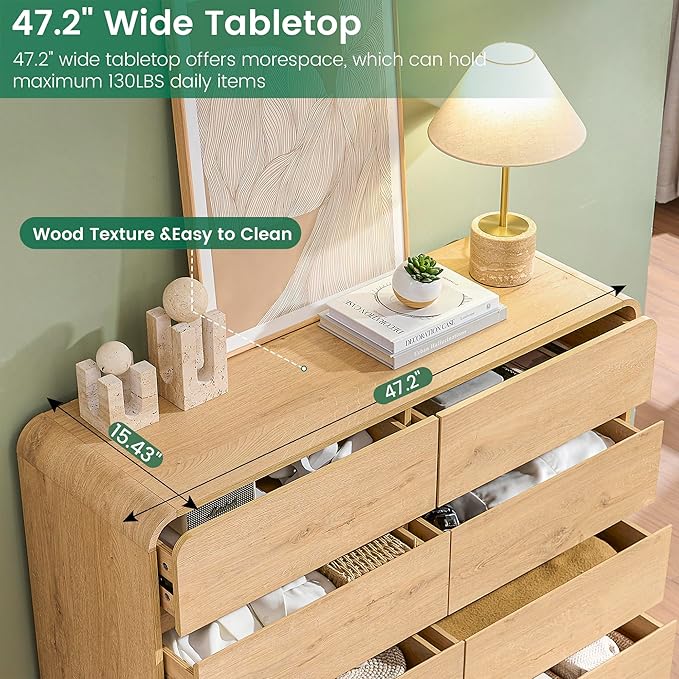 Chest of Dressers with 8 Drawers, 47’’ Wide Dresser with Anti-Tipping Device, Clothes Organizer for Bedroom, Natural Drawer Closet with Arc Design.