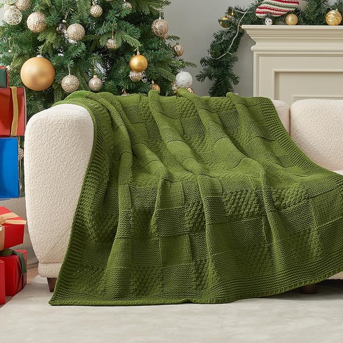 Amélie Home Checkered Chenille Knit Throw Blanket for Couch, Classic Texture Decorative Soft Blanket for Sofa, Chair & Bedroom, 50"x60", Olive Green