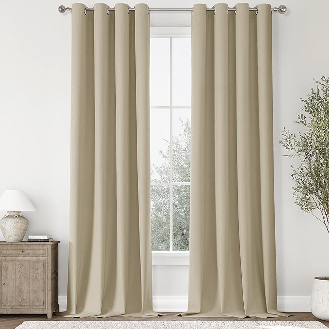 ChrisDowa 100% Blackout Linen Curtains, 2 Panels Set Thermal Insulated Room Darkening Curtains for Living Room, Privacy Grommet Window Drapes for Bedroom (Greyish Beige, 52 x 120 Inch)