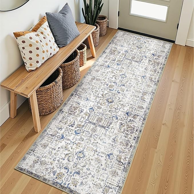 jinchan Kalen Runner Rug 2x7 Washable Hallway Rug Vintage Indoor Thin Retro Floor Cover Distressed Floral Country Lightweight Non Slip Carpet for Entryway Bathroom Bedroom Living Room Stairway Blue