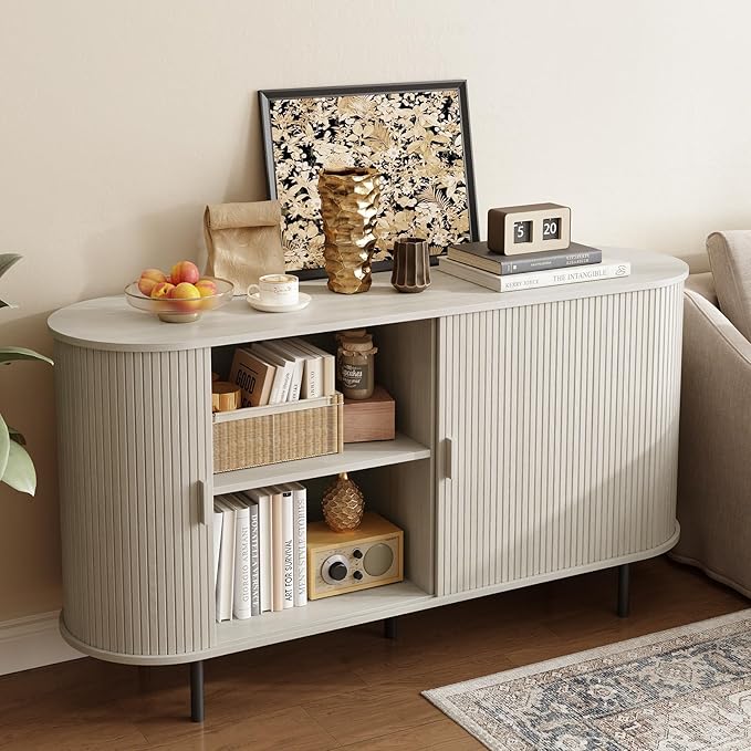 ONBRILL 55" Sideboard Buffet Cabinet with Storage, Storage Cabinet with Sliding Door & Adjustable Shelf, Modern Accent Coffee Bar Console Table for Kitchen, Entryway, Natural White