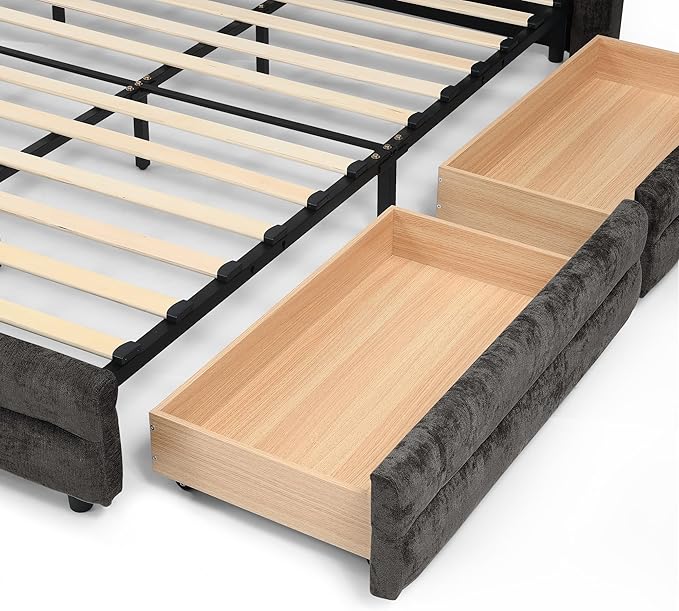 DEINPPA Queen Size Bed Frame with 4 Storage Drawers and Cloud Soft Headboard, Chenille Upholstered Grounded Wood Base Bed Frame, No Box Spring Needed-Dark Grey
