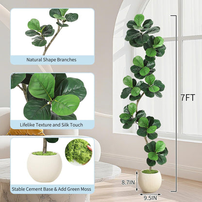 GarveeHome Fiddle Leaf Fig Artificial Tree with White Planter,7ft Faux Plants Indoor with Moss, Fake Rubber Tall Fake Floor Plant in Pot - Artificial Trees for Home Office Living Room Decor