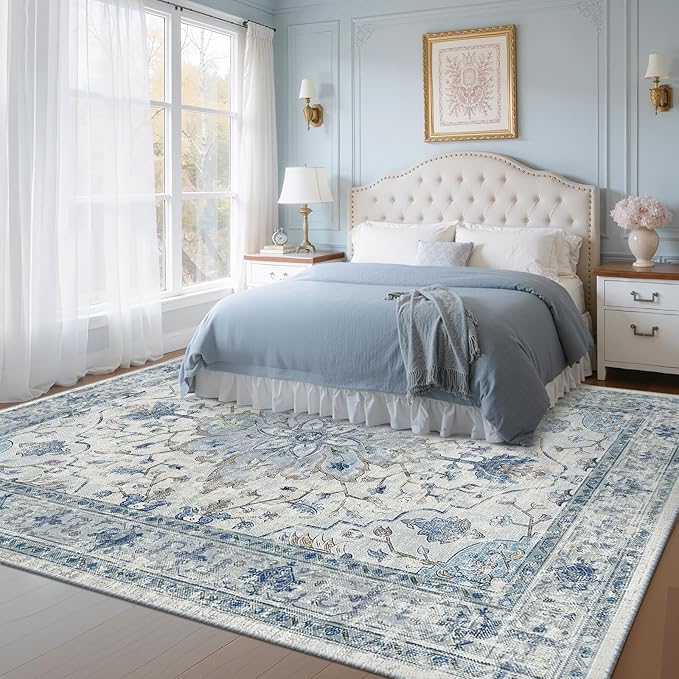 Area Rugs 6'x9' Washable Non-Slip, Floral Vintage Distress Print Pattern Medallion Carpet for Living Room Bedroom Dining Room, Light Blue Navy Beige Gray White