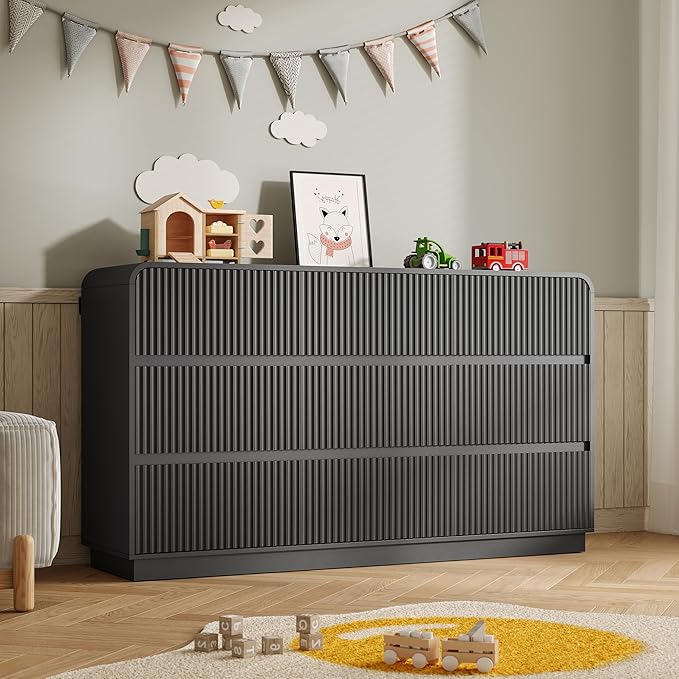 Dresser for Bedroom with 9 Drawers, Fluted Chest of Drawers with Round Curved Corner, Hidden Handles, Modern Wood Storage Organizer for Bedroom, Nursery, Living Room