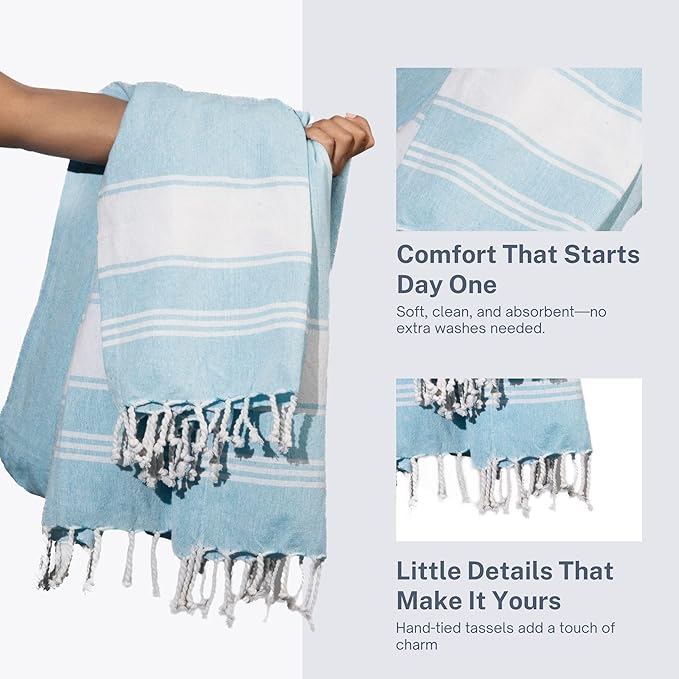 Cotton Turkish Beach Towel Towels Oversized 36"x72" Pool Absorbent Extra Large Quick Dry Sand Travel Towel (Aqua Blue, 2 Pack)