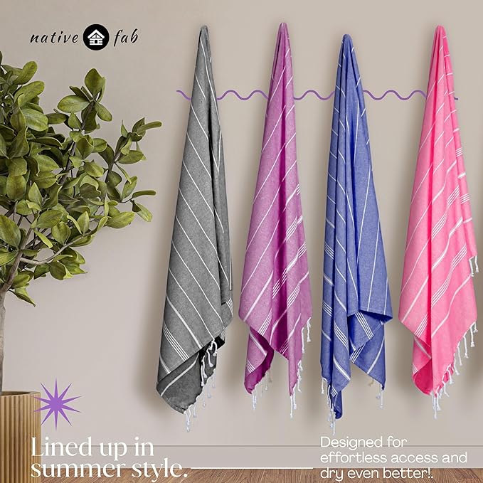 Native Fab Oversized Turkish Towels 4 Pack, Quick Dry, Lightweight, Durable, Absorbent, Sand Resistant, Multipurpose for Pool, Bath, Spa, Travel, Summer - Pink, Magenta, Indigo Blue, Grey