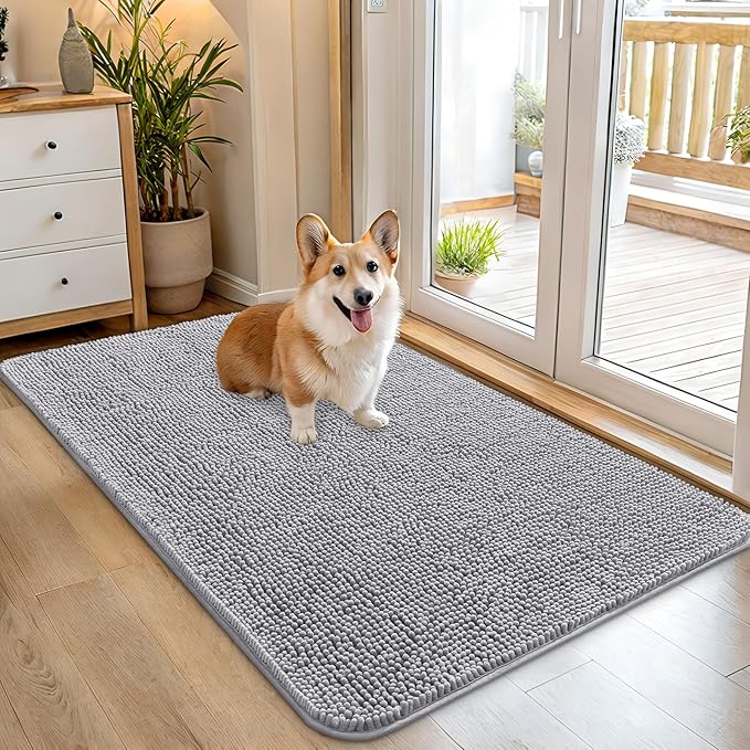 OLANLY Dog Door Mat for Muddy Paws 45x27, Absorbs Moisture and Dirt, Absorbent Non-Slip Washable Doormat, Quick Dry Chenille Mud Mat for Dogs, Entry Indoor Entryway Carpet for Inside Floor, Light Grey