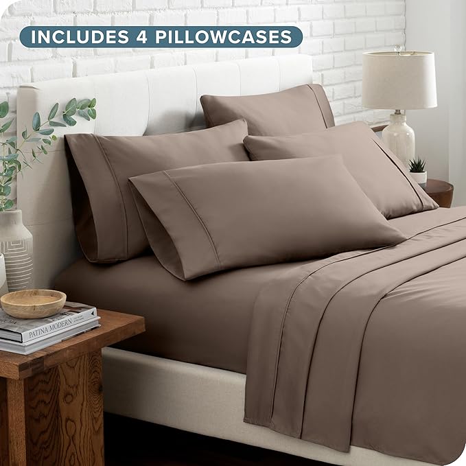 Bare Home Hotel Luxury Full Sheet Set, Extra Soft - 6 Piece Set - Deep Pockets - Easy Fit - Cooling & Breathable - Wrinkle, Fade, Stain Resistant - Includes 4 Pillowcases (Full, Taupe)