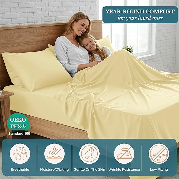 Casa Platino Sheets California King Size Bed Set, Pre-Washed Ultra Soft California King Bed Sheets Set, Brushed Microfiber Cooling Sheets, California King Size Sheets Set with Deep Pockets - Vanilla