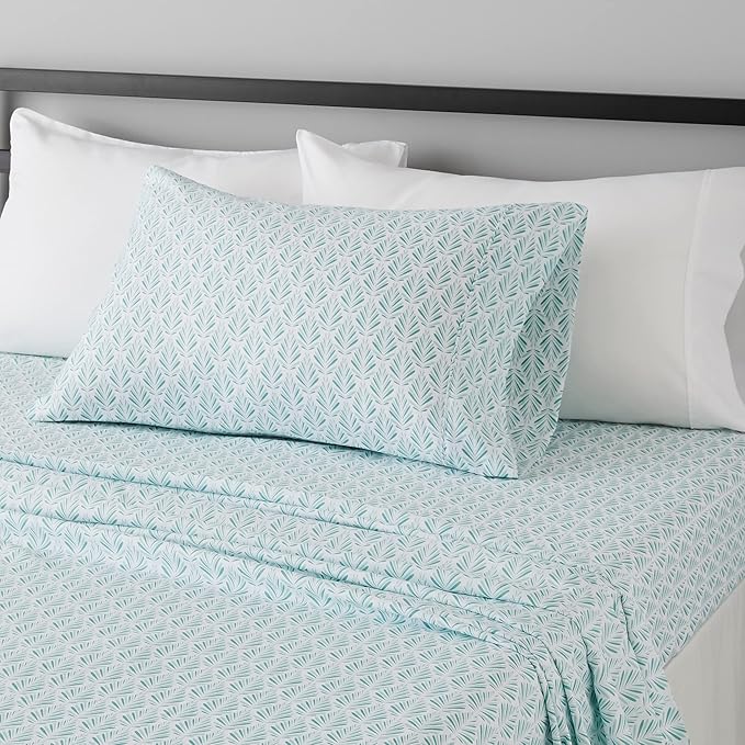 Amazon Basics Lightweight Super Soft Easy Care Wrinkle Free Microfiber 3 Piece Bed Sheet Set with 14-Inch Deep Pockets, Twin, Aqua Fern, Floral, Kids, Men & Women Bedding