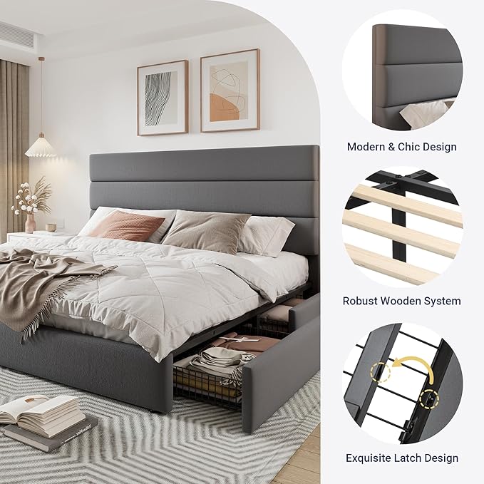 Allewie Modern Full Size Platform Bed Frame with 4 Storage Drawers and Velvet Upholstered Headboard, Wooden Slats Support, Upholstered Mattress Foundation/No Box Spring Needed/Easy Assembly, Grey