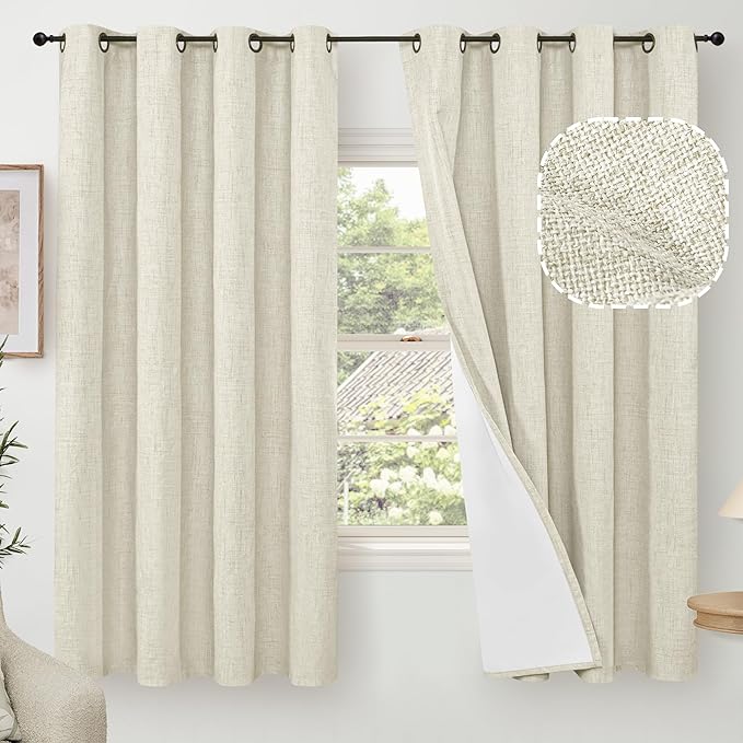 60 Inch Wide Linen Blackout Curtains for Bedroom 63 Inch Length 2 Panels, Total Black Out Thermal Insulated Energy Efficiency Grommet Boho Window Drapes White Liner for Modern Farmhouse, Natural