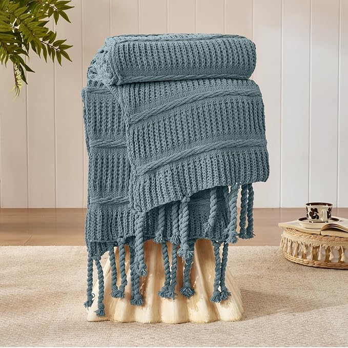 Boho Knitted Chenille Blanket with Tassels - Lightweight & Soft All-Season Throw - 3D Classic Pattern for Living Room Bedroom Couch, Celestial Blue, Throw 50"x60"