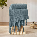 Boho Knitted Chenille Blanket with Tassels - Lightweight & Soft All-Season Throw - 3D Classic Pattern for Living Room Bedroom Couch, Celestial Blue, Throw 50"x60"