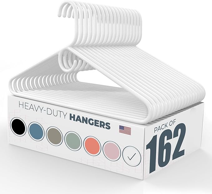 Neaties Heavy Duty Clothes Hangers 100+ Pack (162 Count) – Made in The USA – 8lb Capacity Plastic Hangers for Adult Clothing – Durable for Pants, Coats, Jackets, or Jeans – White
